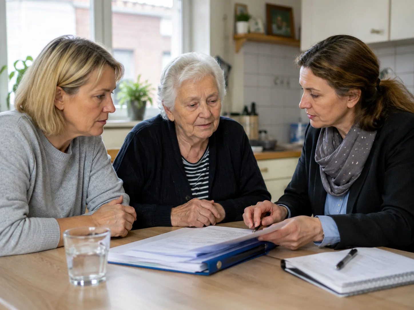 Pflegekraft und Angehörige bei der Beratung am Tisch